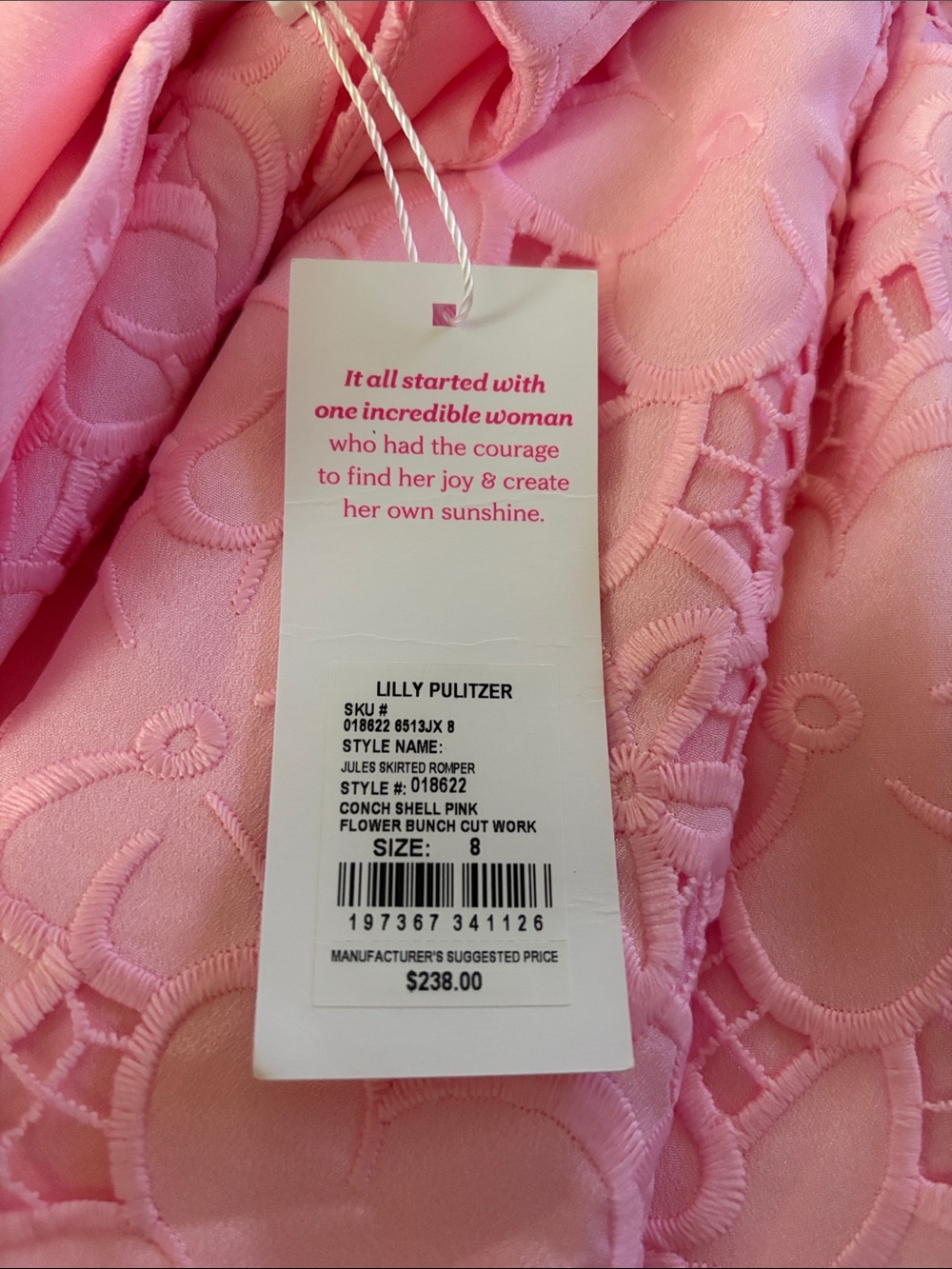 Lilly Pulitzer Jules skirted Romper r in a pink floral lace design. NWT size 8
